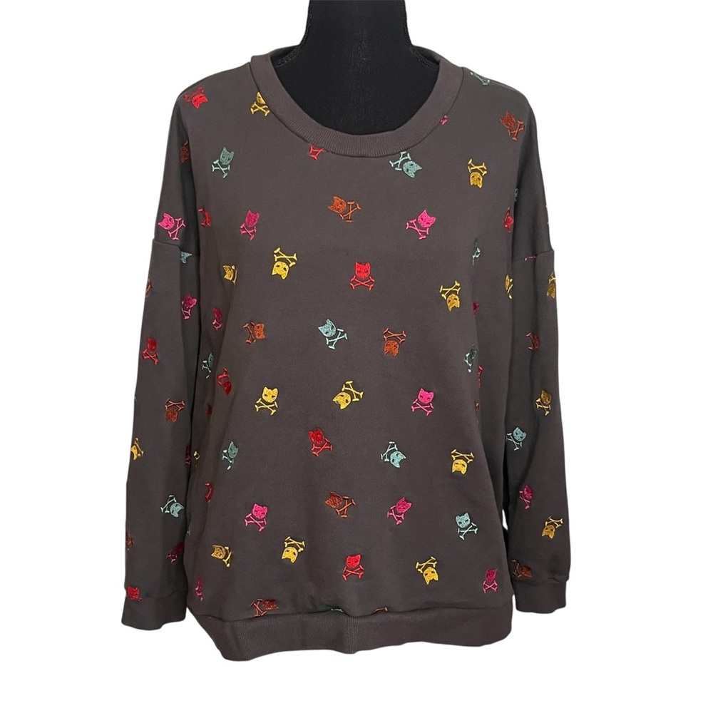Modcloth Sweatshirt Kitty Cat Skull Crossbones Sz XL Embroidered Gray  Goth Punk